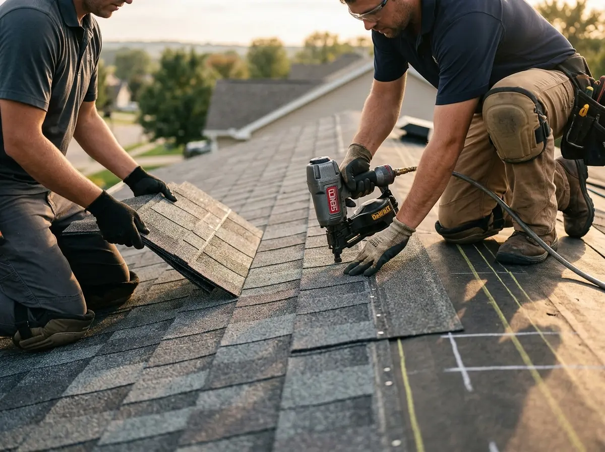 Professional roofer working on a residential roof in James Island